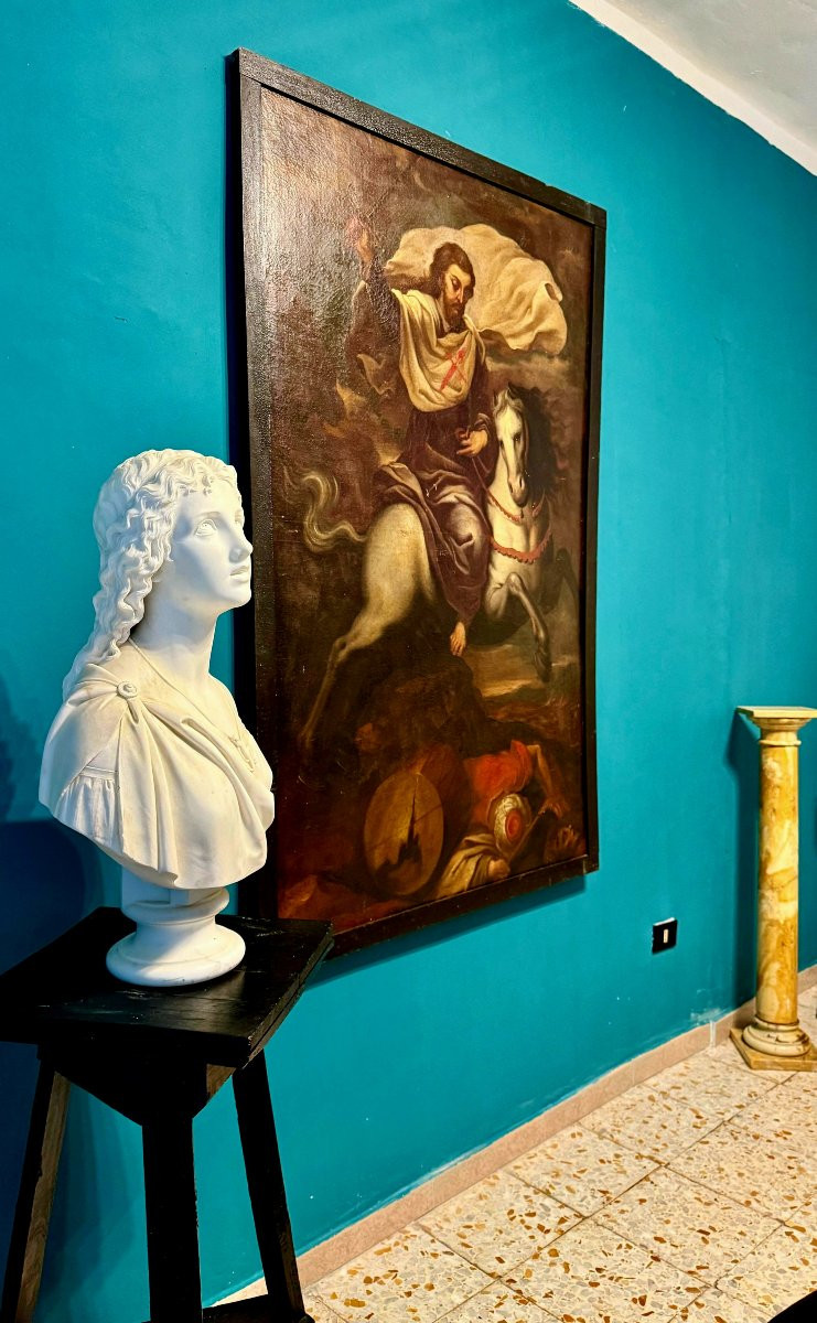 Tableau ancien représentant Saint Jacques le Majeur à cheval XVII° -photo-1