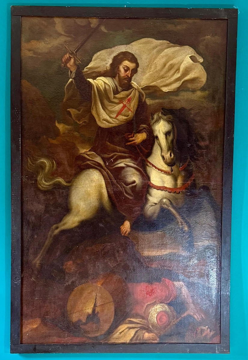 Tableau ancien représentant Saint Jacques le Majeur à cheval XVII° 
