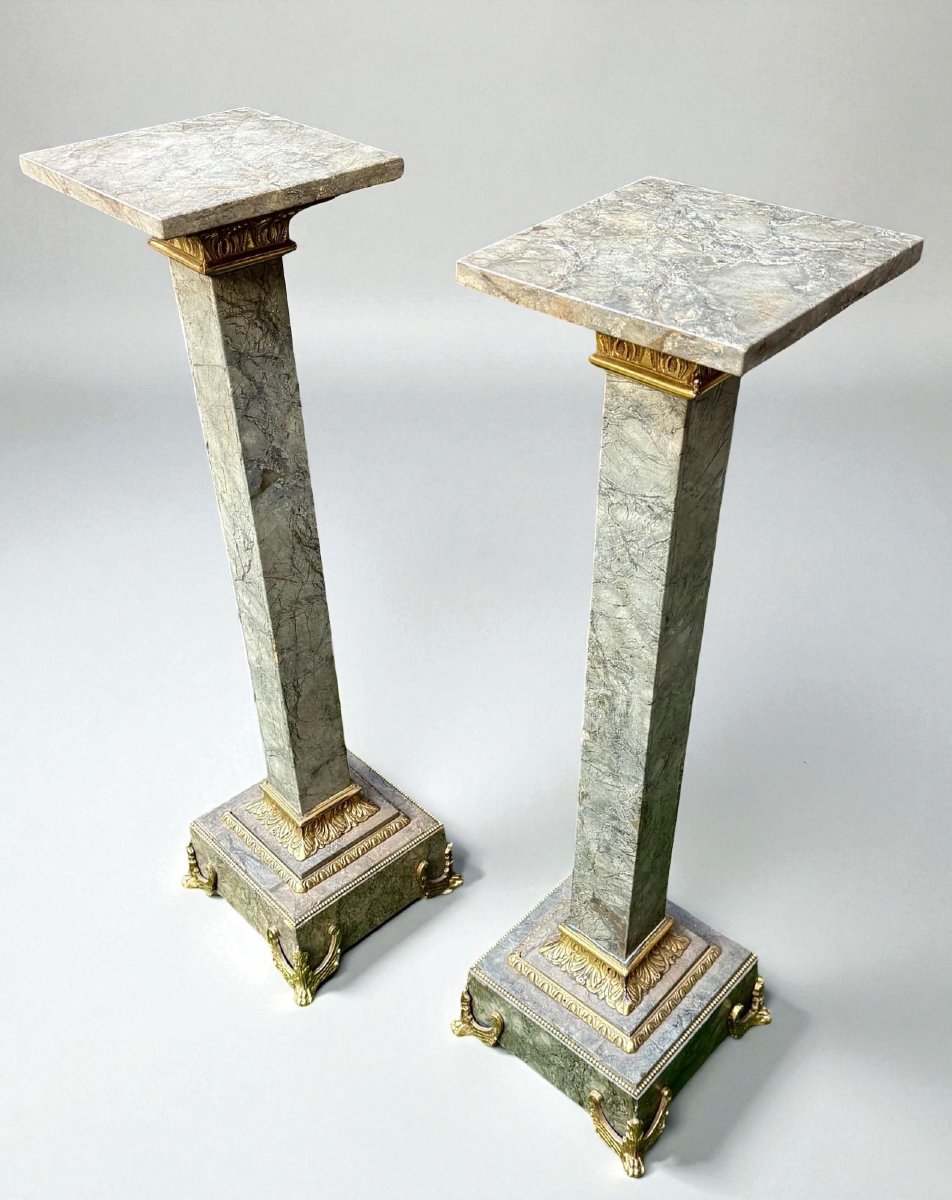 Paire de Colonnes/Chapiteaux en marbre Verde Alpi • Élément architectural orné de bronze-photo-8
