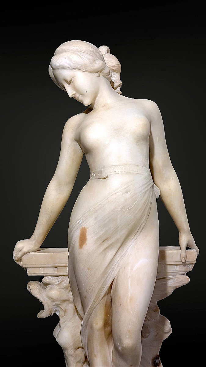 Statue Nymphe nue se reposant près d'une fontaine avec Colonne en Marbre -photo-6