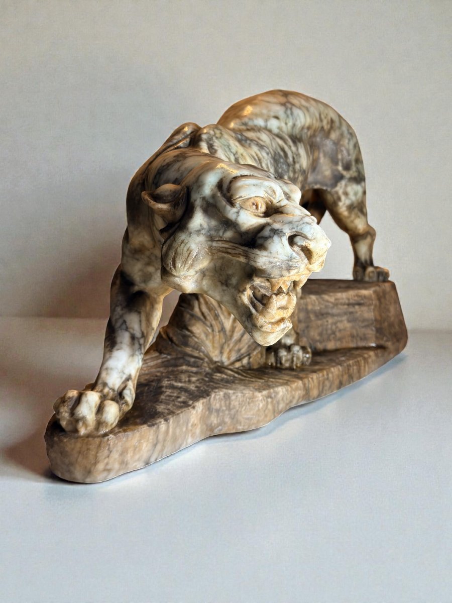 Tigre rugissant, sculpté entièrement à la main dans du marbre jaune arabesque-photo-6