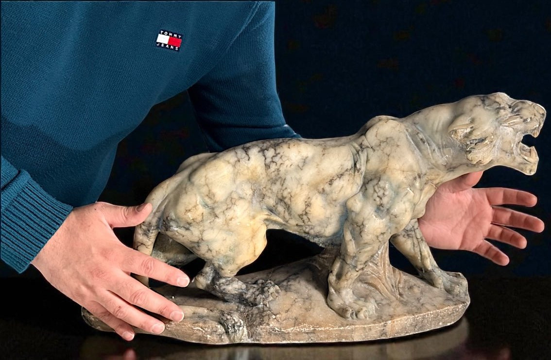 Tigre rugissant, sculpté entièrement à la main dans du marbre arabesque-photo-4