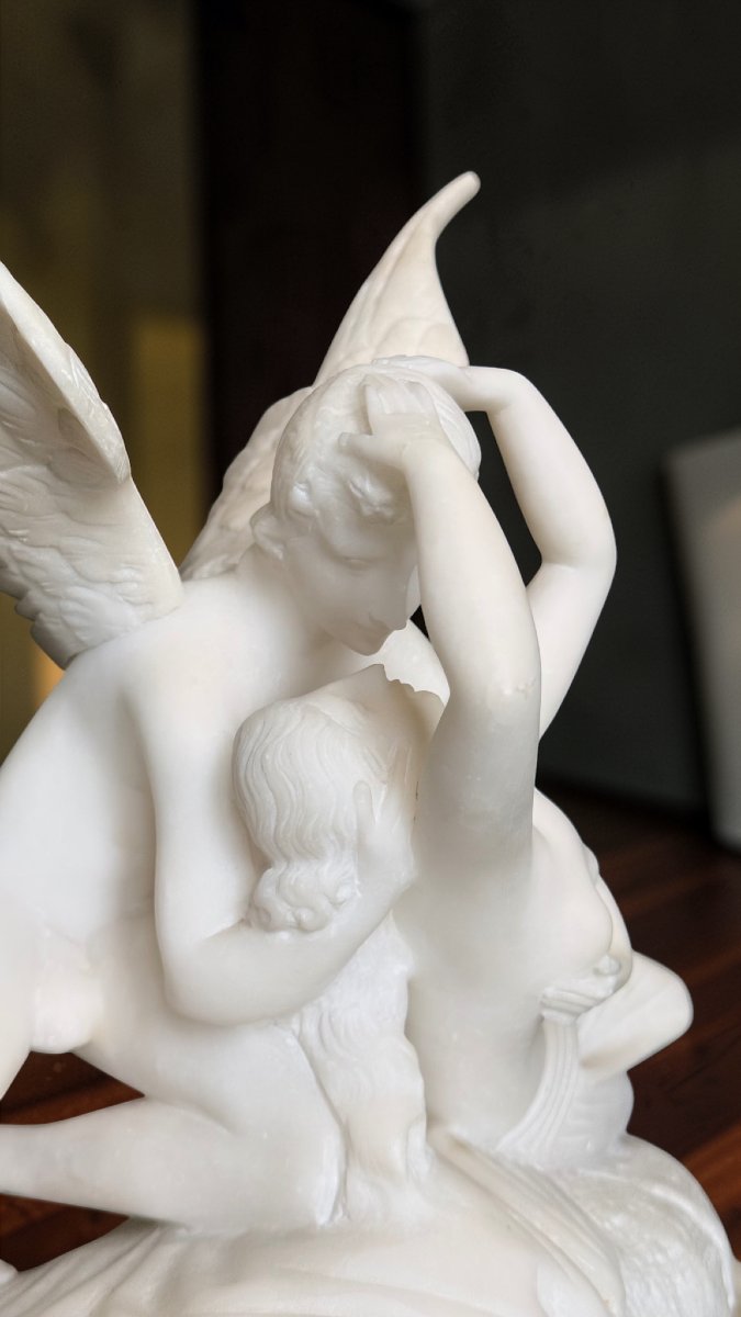 Psyché ranimée par le Baiser d'amour, d'après le modèle d'Antonio Canova, Marbre Carrara -photo-1
