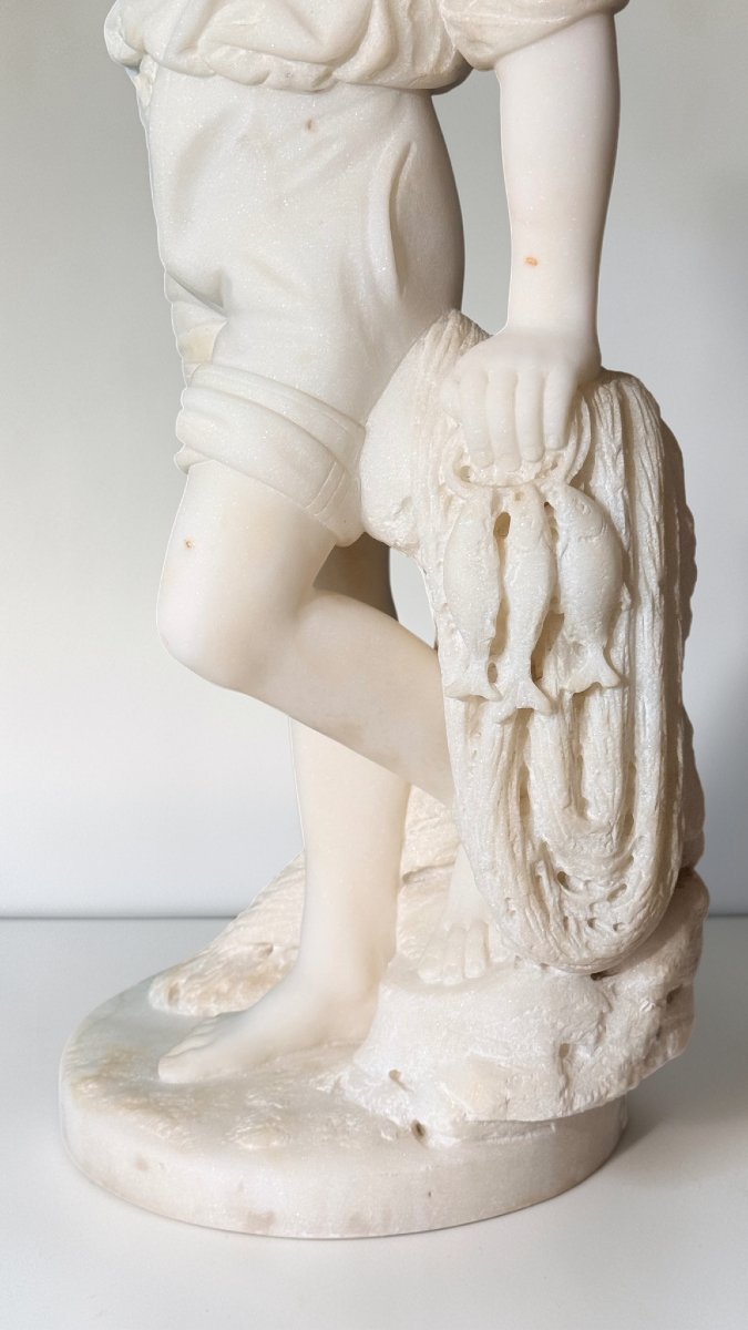Statue Young Fisherman Boy In White Statuary Carrara Marble -photo-4