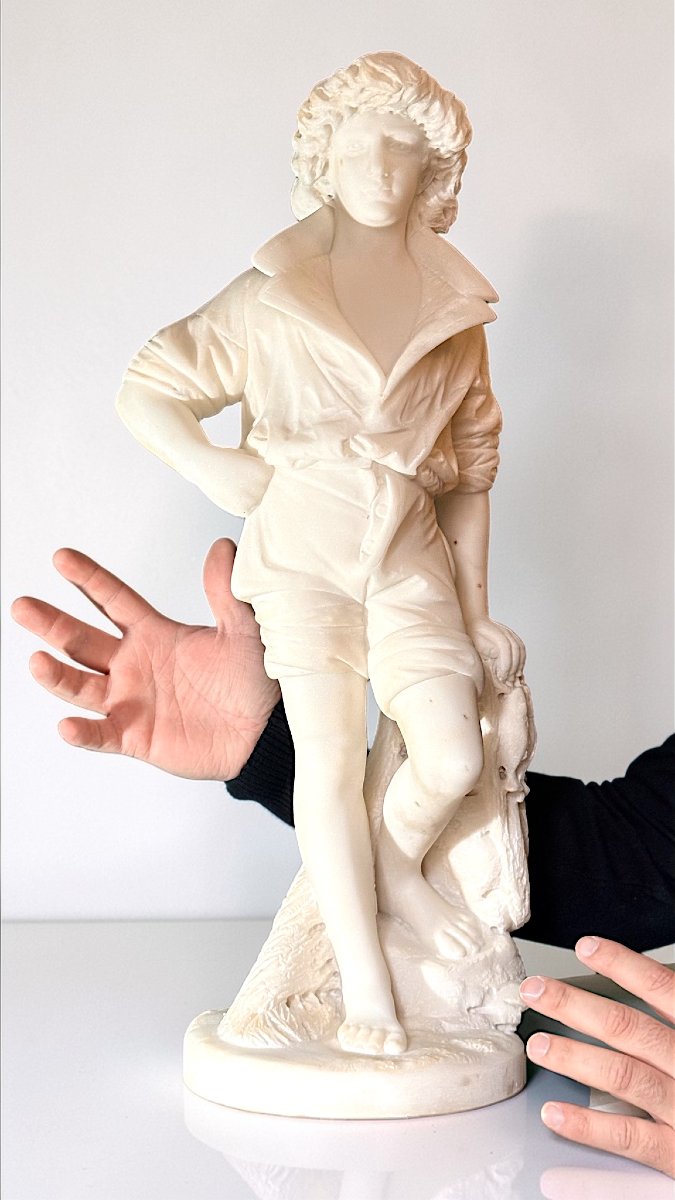 Statue Young Fisherman Boy In White Statuary Carrara Marble -photo-5