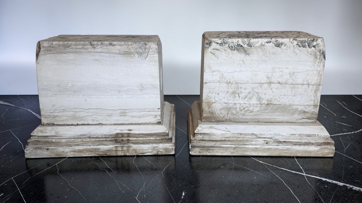 Paire de chapiteaux bases en Marbre blanc Statuario Carrara-photo-4