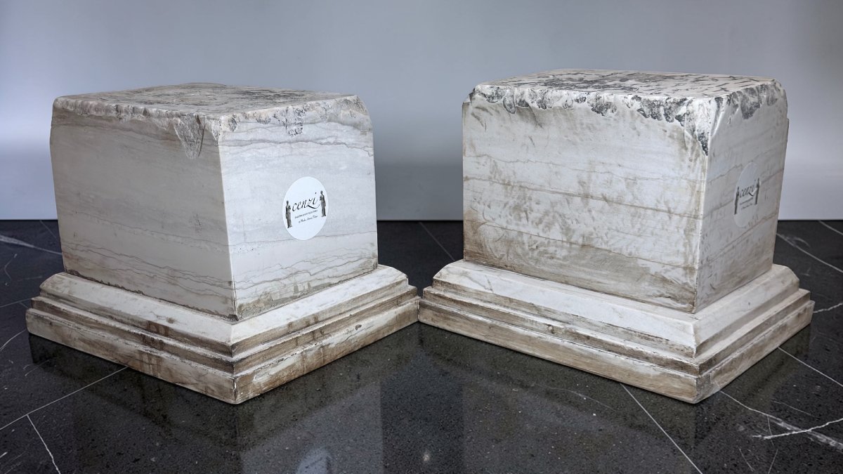 Paire de chapiteaux bases en Marbre blanc Statuario Carrara-photo-5