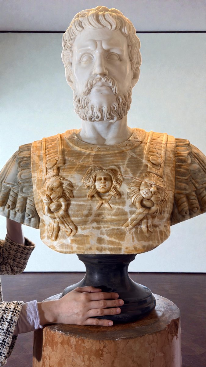 Buste monumental d'empereur romain, sculpté à la main dans des Marbres très rare-photo-8
