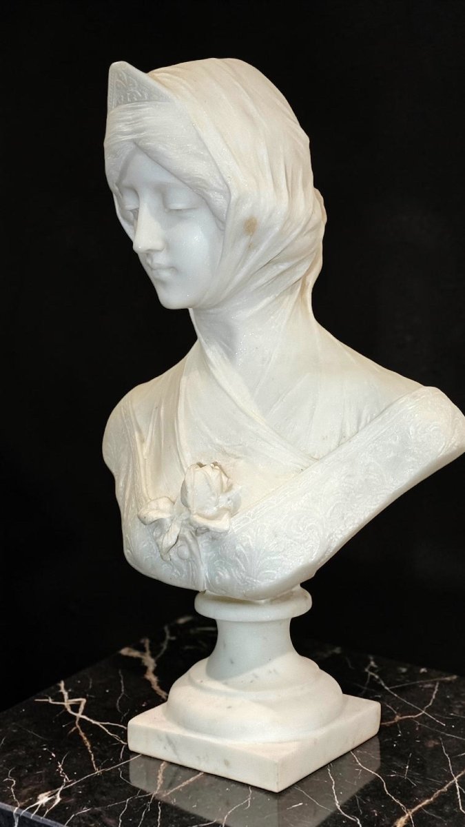 Buste jeune fille, entièrement sculpté à la main Marbre Blanc de Carrare Statuario-photo-2