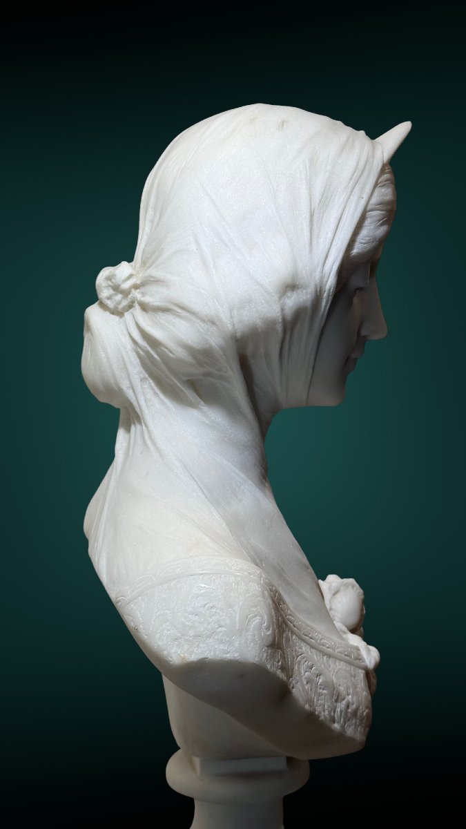 Buste jeune fille, entièrement sculpté à la main Marbre Blanc de Carrare Statuario-photo-4
