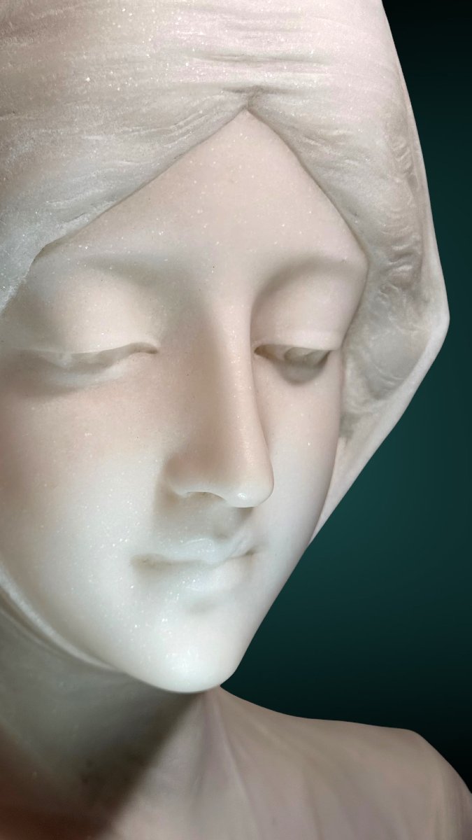 Buste jeune fille, entièrement sculpté à la main Marbre Blanc de Carrare Statuario-photo-4