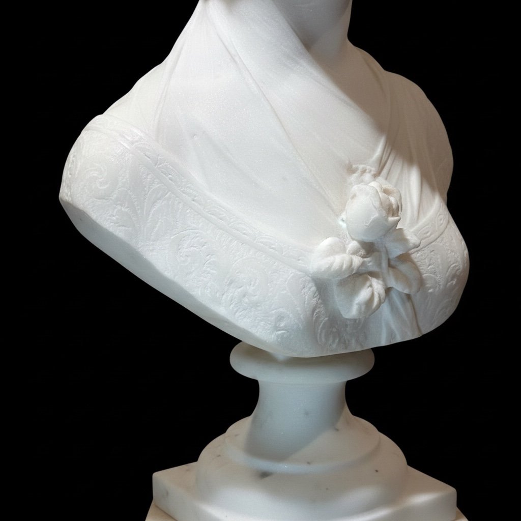 Buste jeune fille, entièrement sculpté à la main Marbre Blanc de Carrare Statuario-photo-7