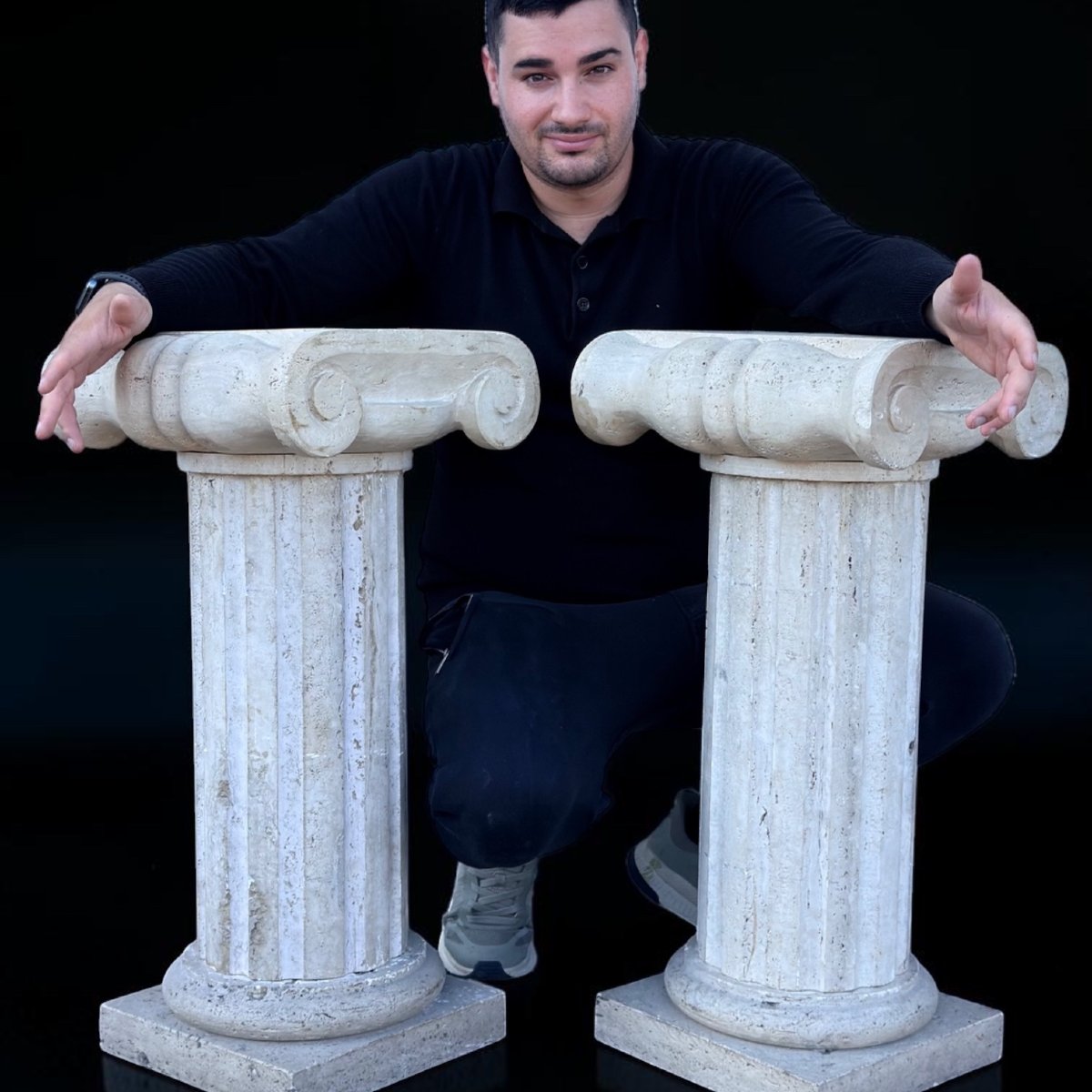 Pair Of Roman Travertine Marble Capital Columns -photo-3