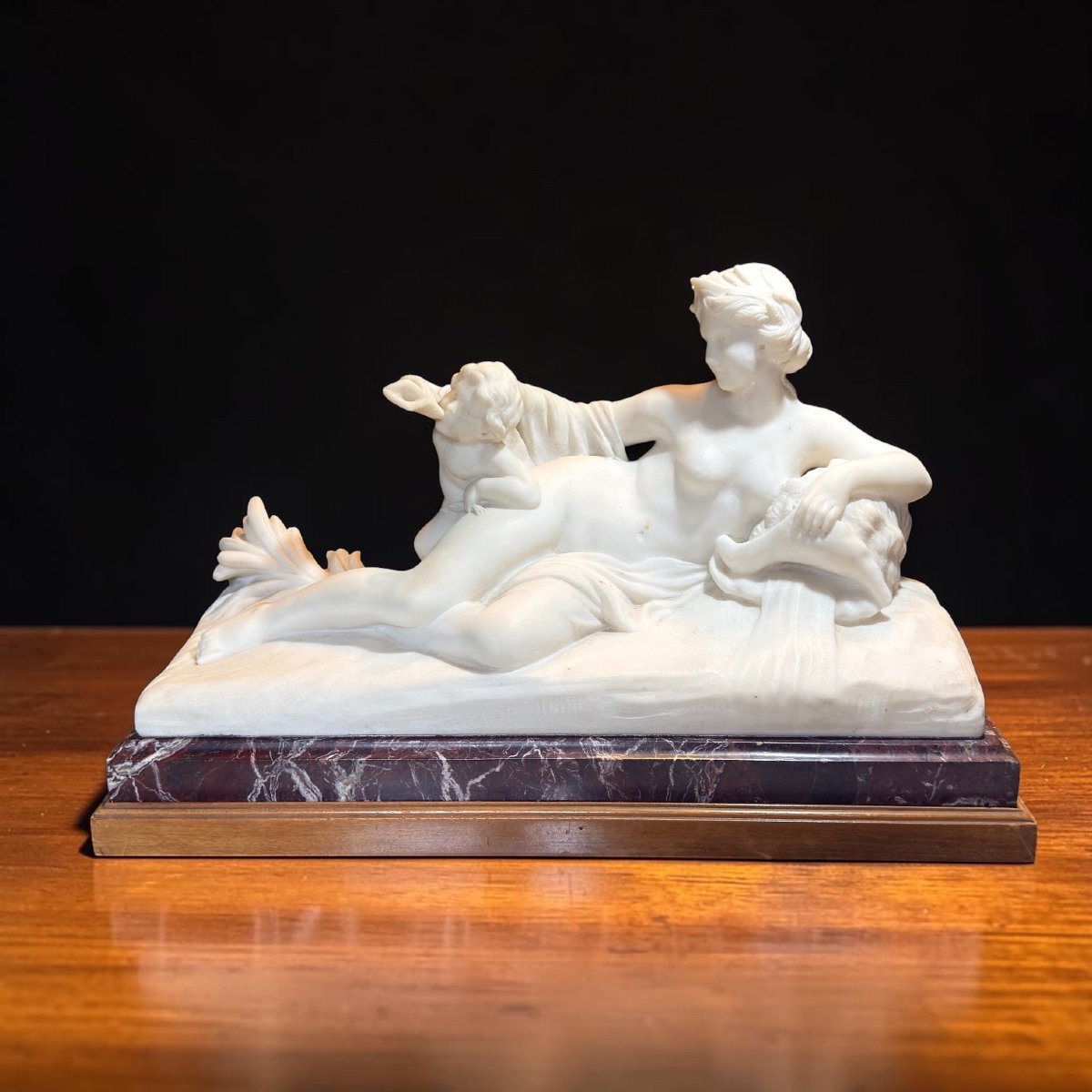 Statue Depicting A Young Girl With A Reclining Cherub, White Carrara Marble -photo-2