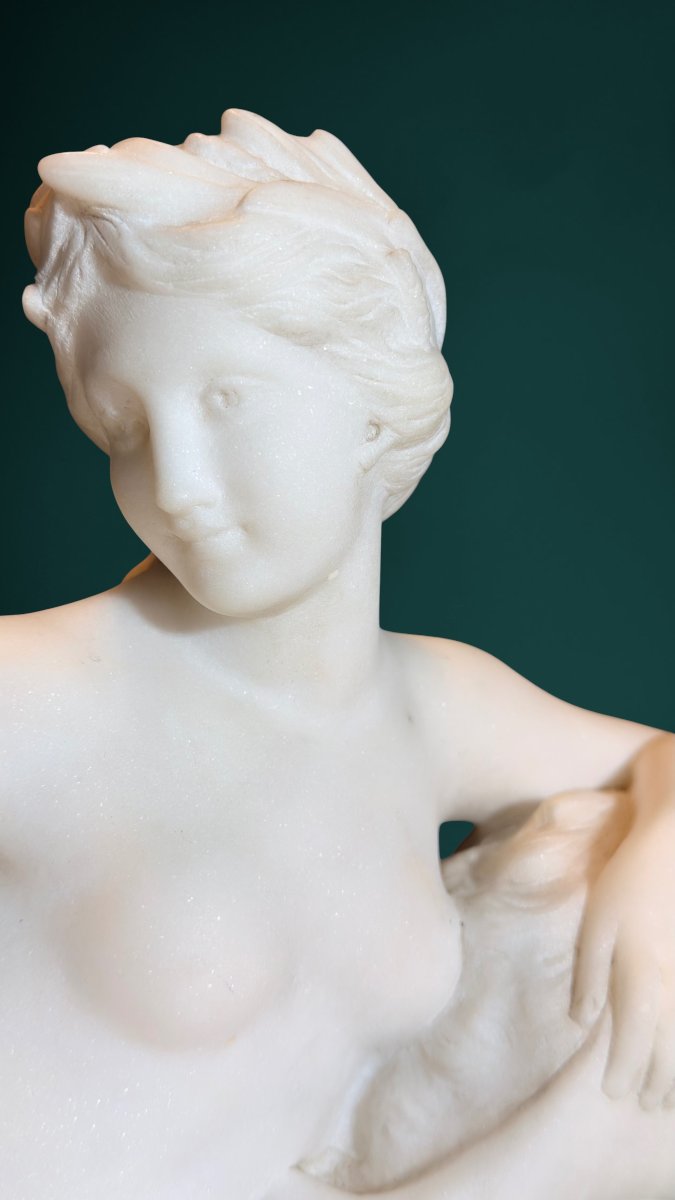Statue Depicting A Young Girl With A Reclining Cherub, White Carrara Marble -photo-4