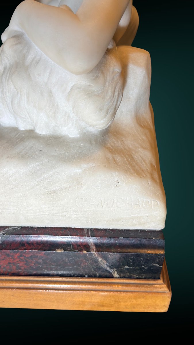 Statue Depicting A Young Girl With A Reclining Cherub, White Carrara Marble -photo-1