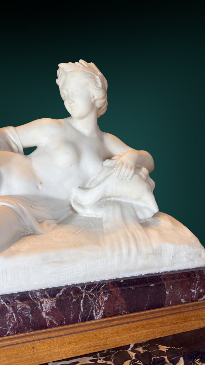 Statue Depicting A Young Girl With A Reclining Cherub, White Carrara Marble -photo-4