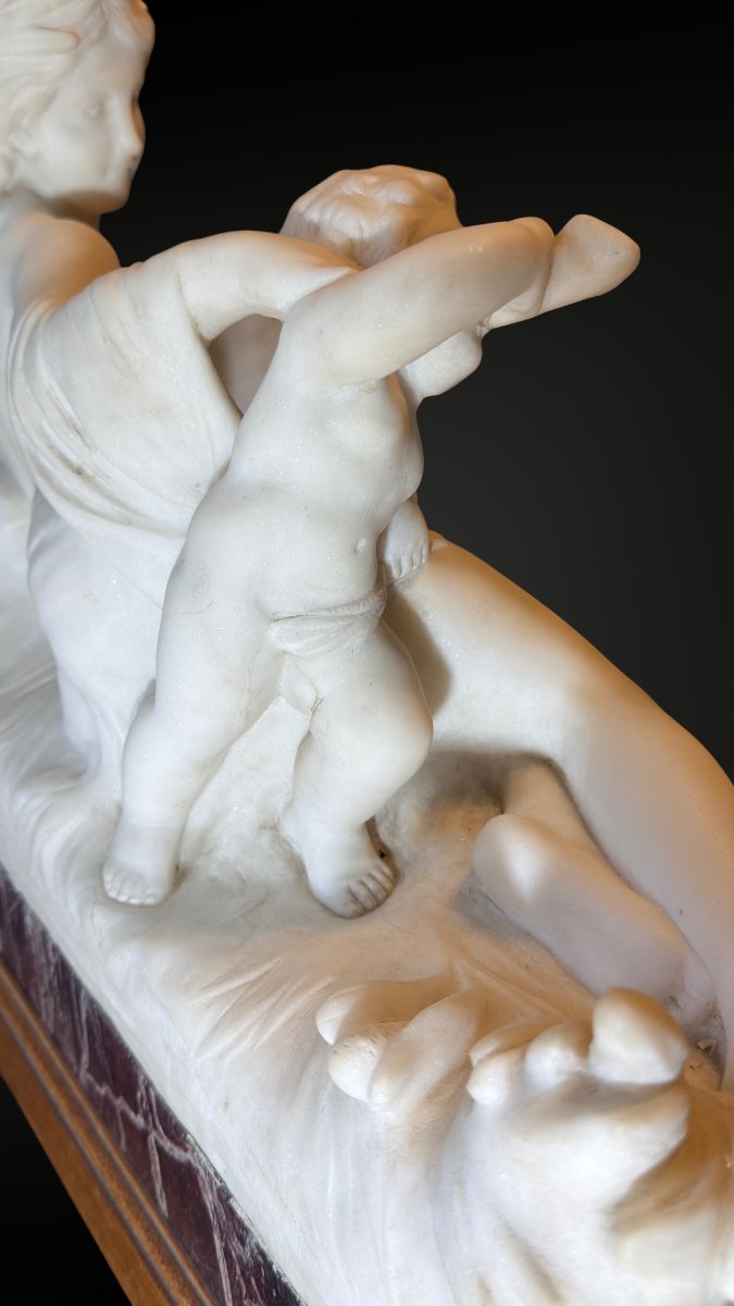 Statue Depicting A Young Girl With A Reclining Cherub, White Carrara Marble -photo-6