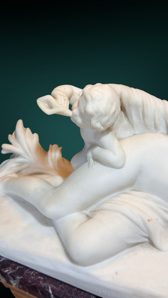 Statue Depicting A Young Girl With A Reclining Cherub, White Carrara Marble -photo-8