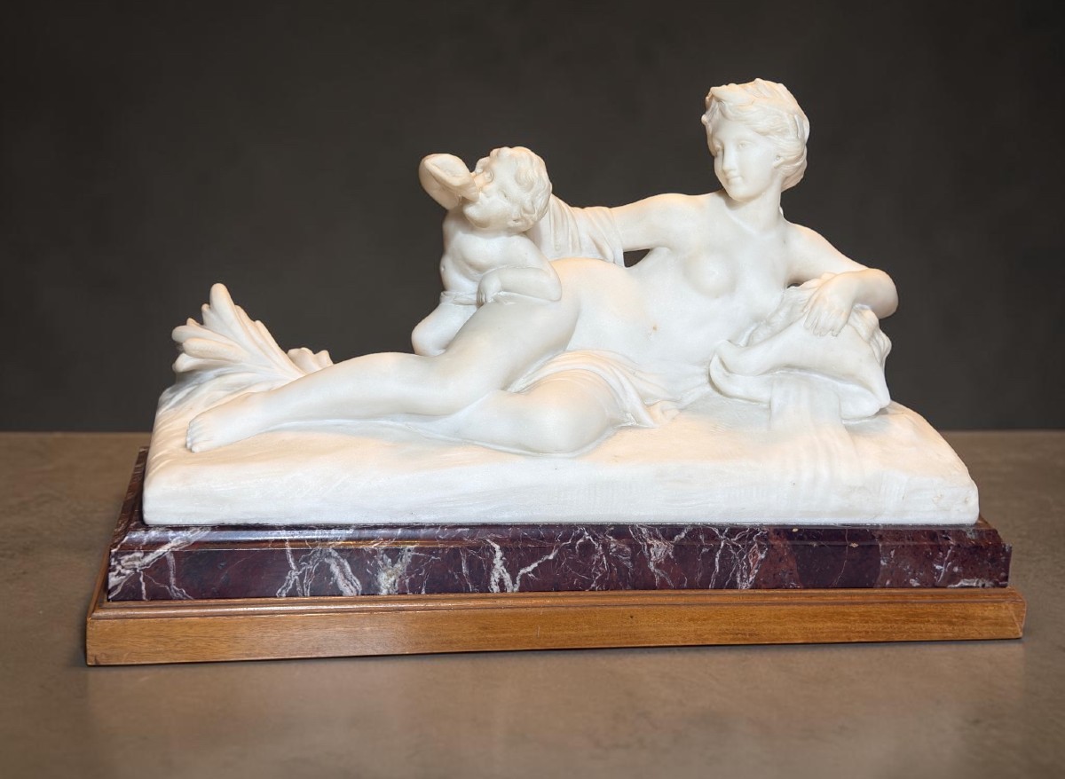 Statue Depicting A Young Girl With A Reclining Cherub, White Carrara Marble 