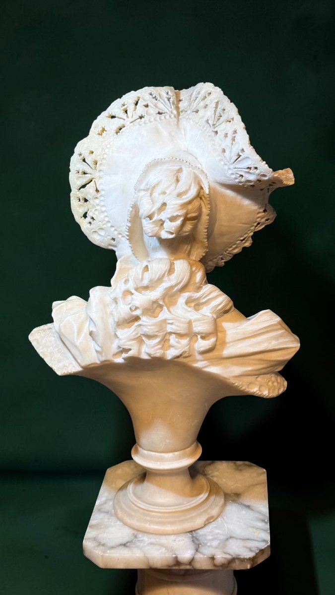 Bust Of A Smiling Young Girl Wearing A Lace Hat, Marble -photo-3