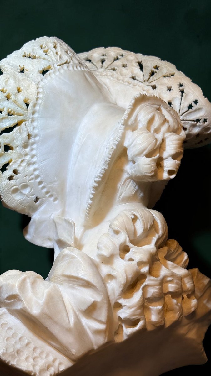 Bust Of A Smiling Young Girl Wearing A Lace Hat, Marble -photo-4