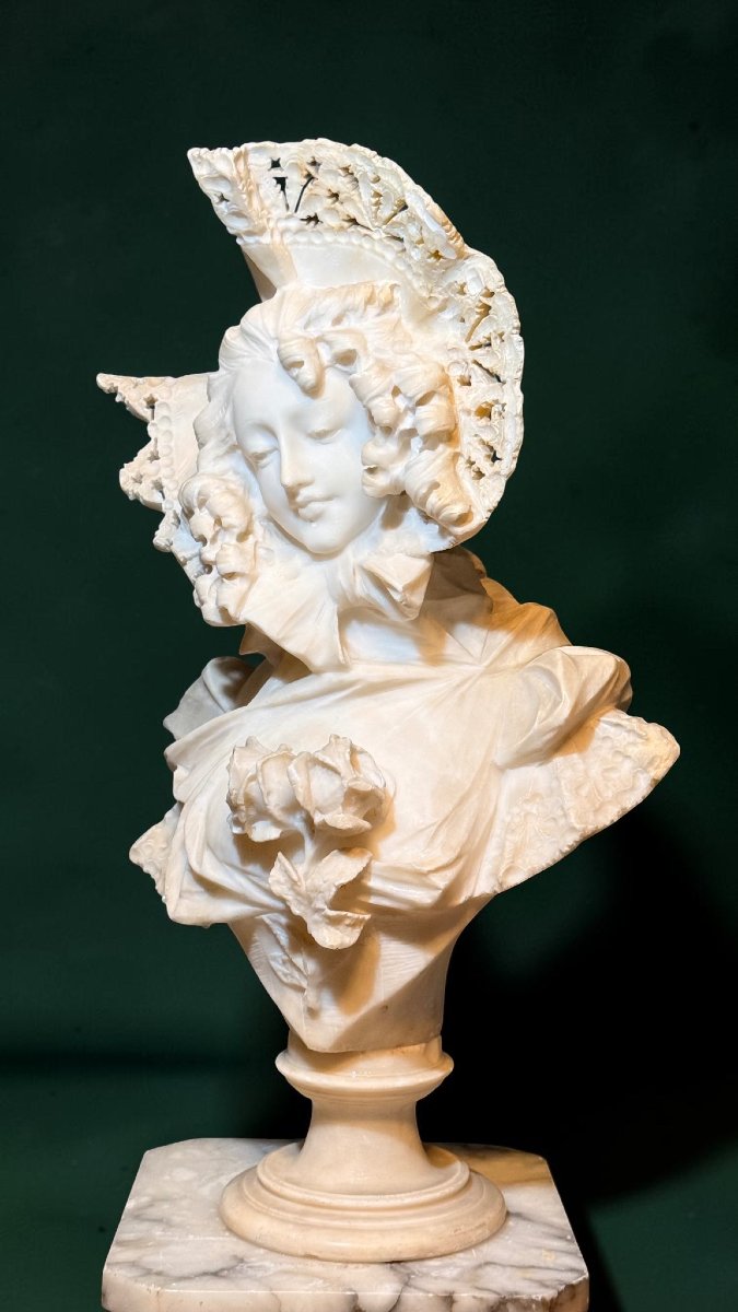 Bust Of A Smiling Young Girl Wearing A Lace Hat, Marble -photo-5