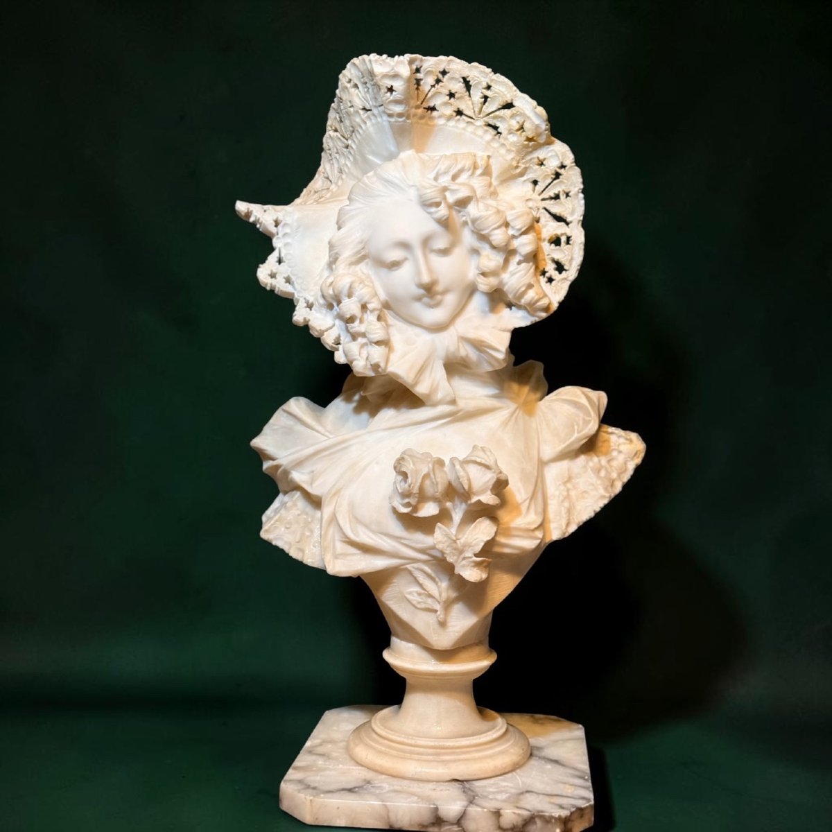 Bust Of A Smiling Young Girl Wearing A Lace Hat, Marble 