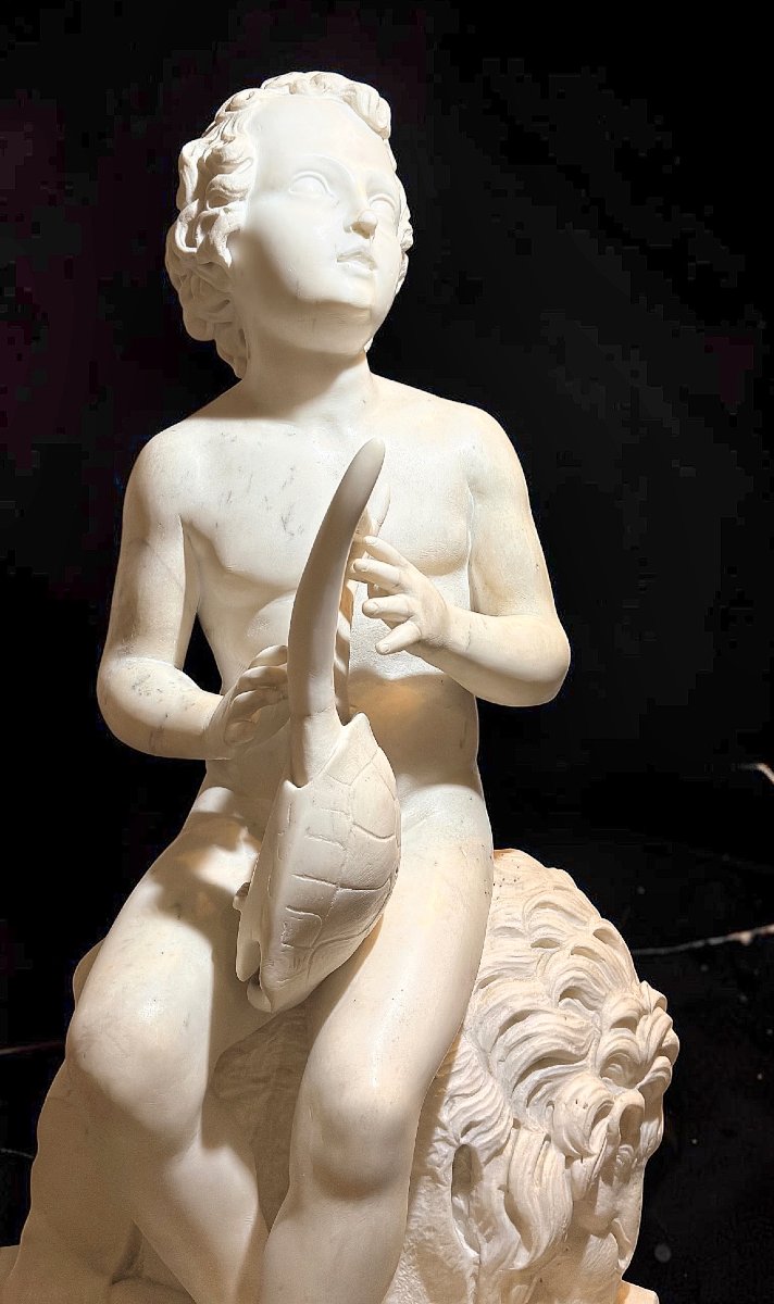 Hercule jouant du Chelys, par le sculpteur Luigi Bienaimé en Marbre Blanc Statuaire de Carrare -photo-2