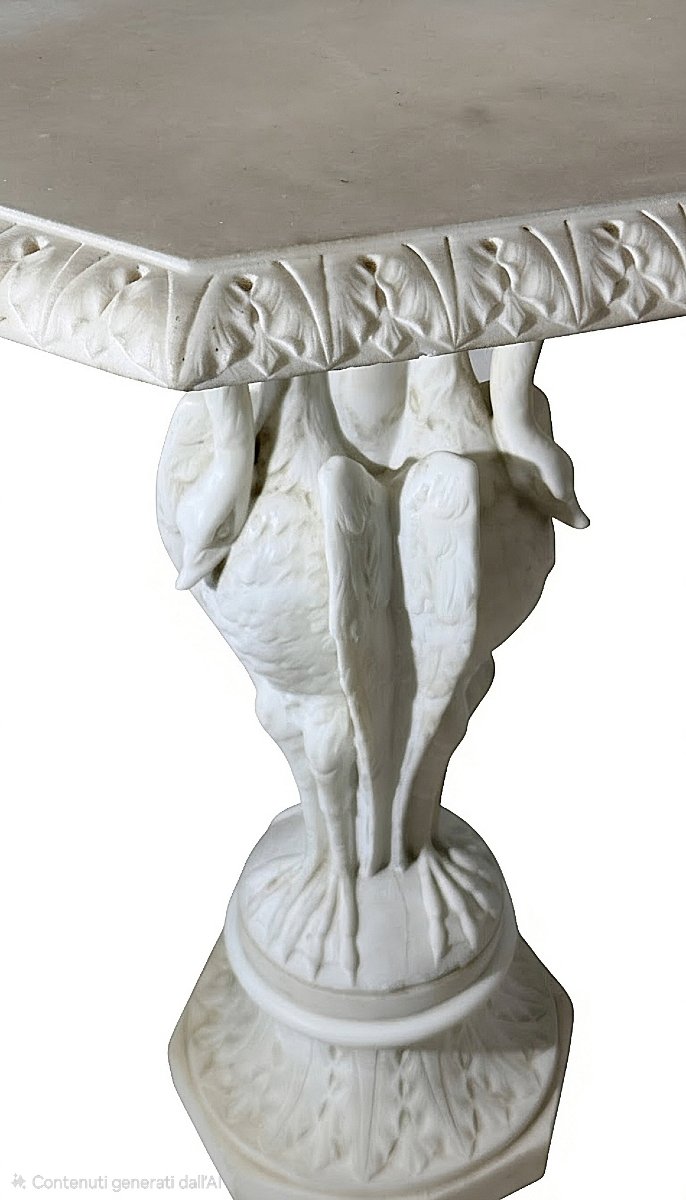 Guéridon Marbre Carrara orné de cygnes, reposant sur un socle décoré de feuilles-photo-3