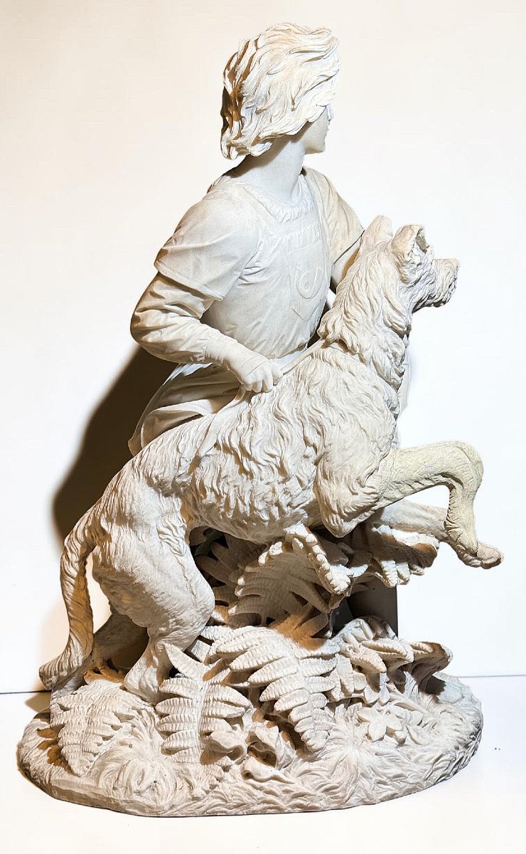 Statue représentant le jeune Romilly (1863) Grand garçon avec chien Mabre Carrara -photo-3