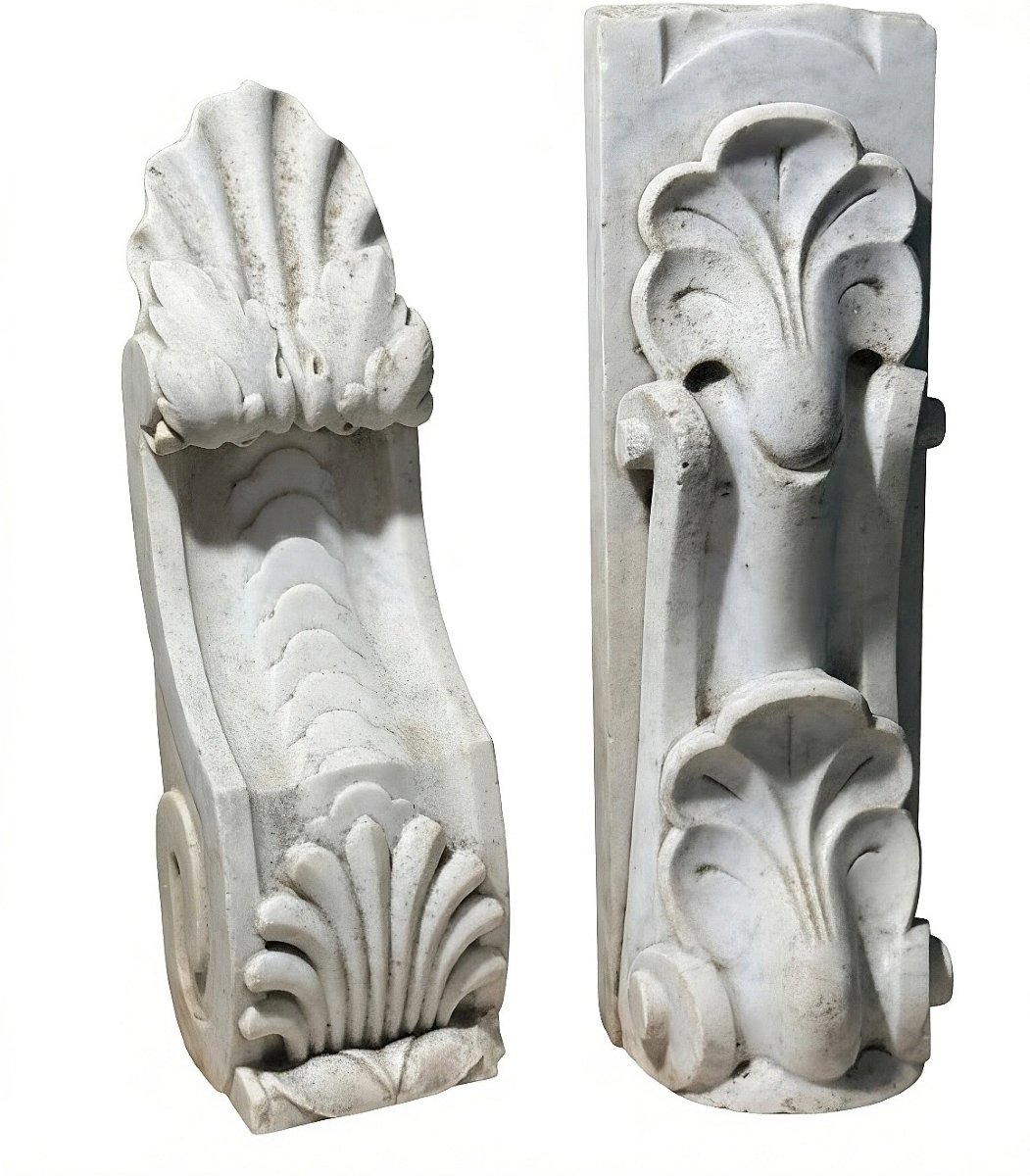 Pair Of Small Decorative Architectural Elements In White Carrara Marble -photo-2