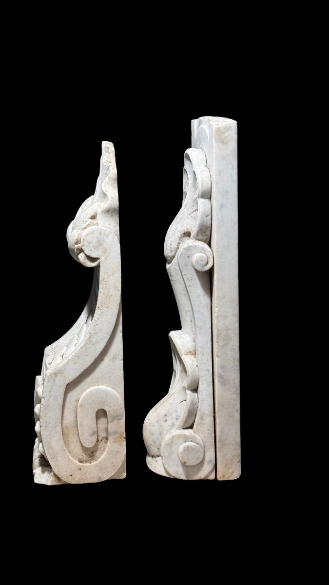 Pair Of Small Decorative Architectural Elements In White Carrara Marble -photo-3