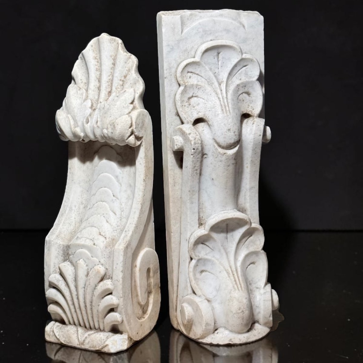 Pair Of Small Decorative Architectural Elements In White Carrara Marble -photo-2