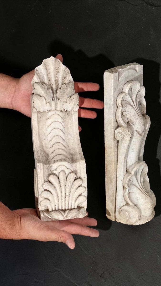 Pair Of Small Decorative Architectural Elements In White Carrara Marble -photo-5