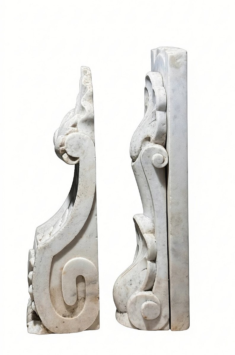 Pair Of Small Decorative Architectural Elements In White Carrara Marble -photo-8