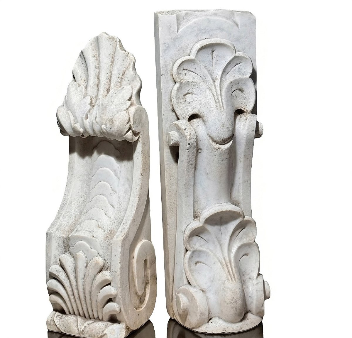 Pair Of Small Decorative Architectural Elements In White Carrara Marble 