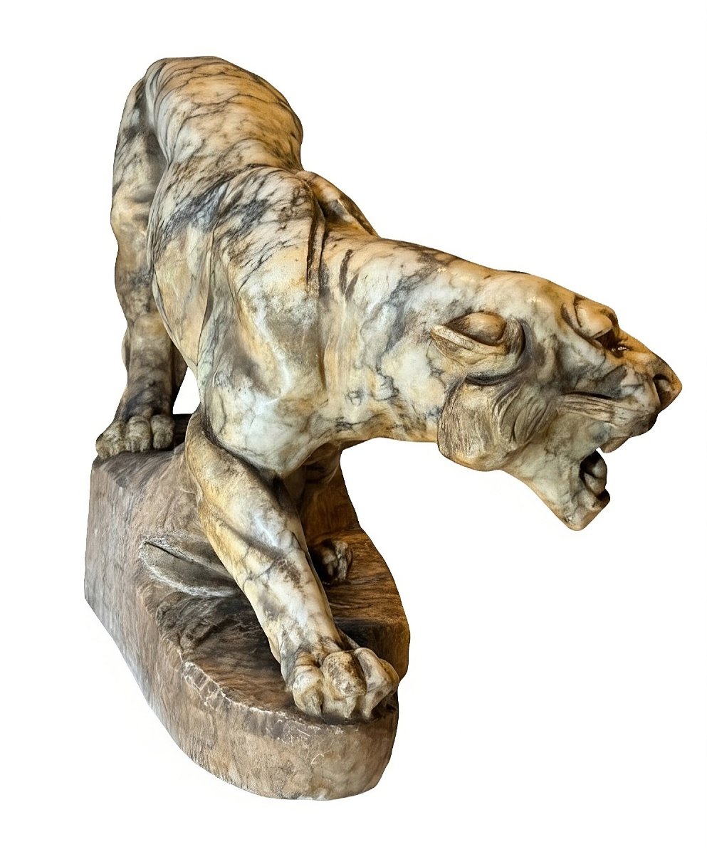 Roaring Tiger In Yellow Arabescato Marble -photo-3