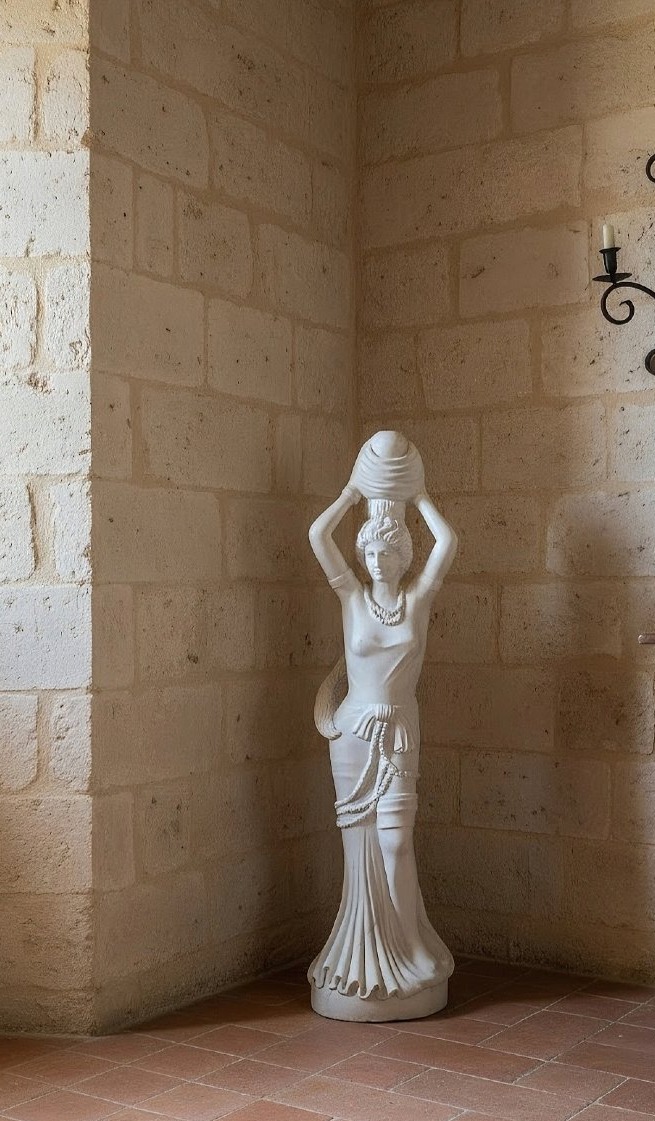 Statue fille souriante tenant une cruche, sculptée dans du Marbre Blanc-photo-4