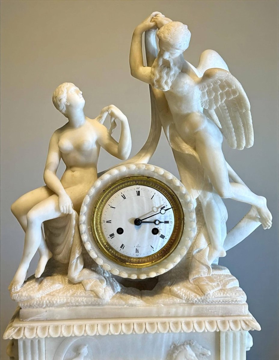 Clock/sculpture Featuring Mythological Figures In White Carrara Statuary Marble -photo-4