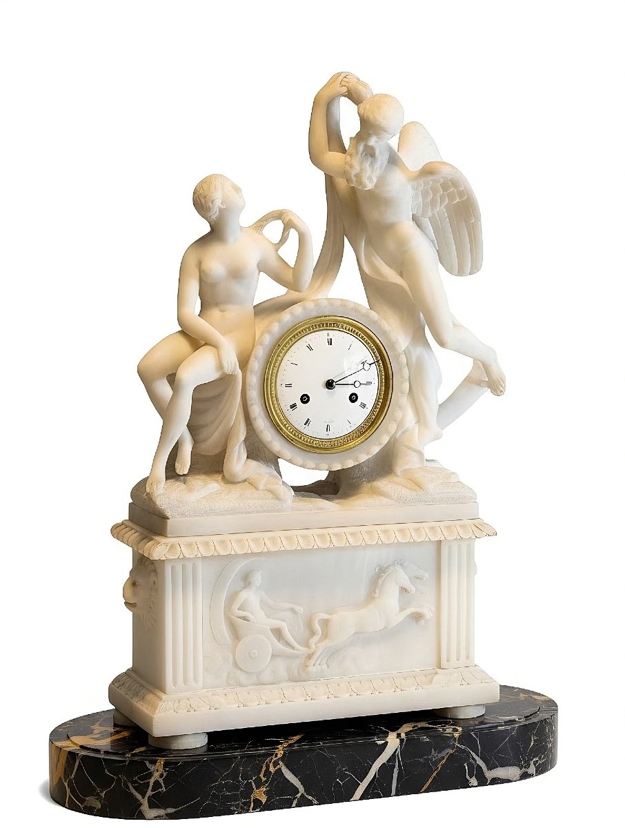 Clock/sculpture Featuring Mythological Figures In White Carrara Statuary Marble 