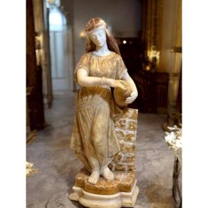 Statue Young Lady Whit Amphora,  Marble Carrara And Onix