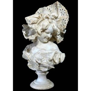 Buste femme au chapeau, apparemment tissé en dentelle, Carrara Marble 