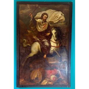 Tableau ancien représentant Saint Jacques le Majeur à cheval XVII° 