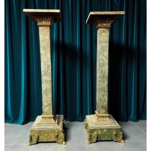 Paire de Colonnes/Chapiteaux en marbre Verde Alpi • Élément architectural orné de bronze