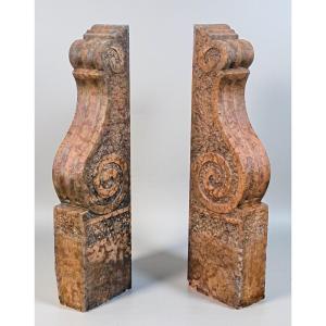 Paire de éléments Architecturaux, Marbre Rouge Verona, 18° siècle 