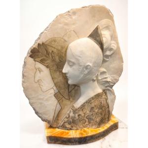Relief représentant Dante et Béatrice  en marbre blanc de Carrare et marbre jaune 