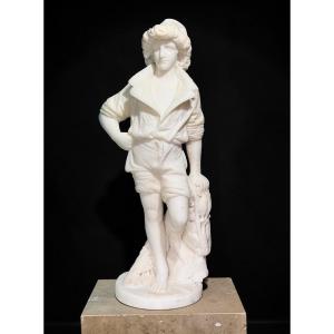 Statue Young Fisherman Boy In White Statuary Carrara Marble 