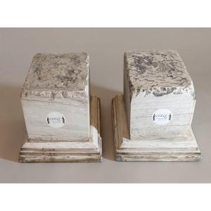 Pair Of Capitals/bases In White Statuario Carrara Marble