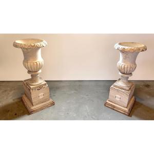 Paire de Vases Medicei en Marbre Blanc Statuaire de Carrare